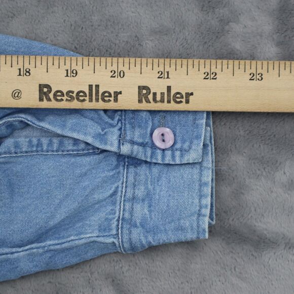 Passion-I Shirt Womens L Blue Denim Button Front Floral Embroidered Pocket - Picture 8 of 16